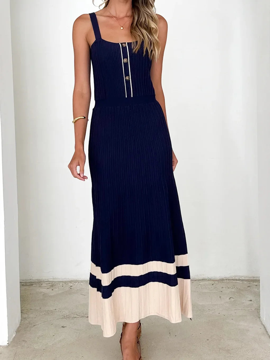 Beige Ribbed Knit Midi Dress | High-Waist Buttoned Summer Style