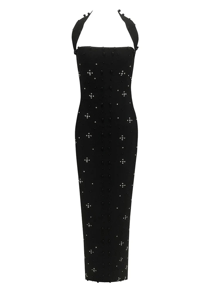 Black Halter Neck Diamond Beaded Bodycon Dress | Evening Glamour