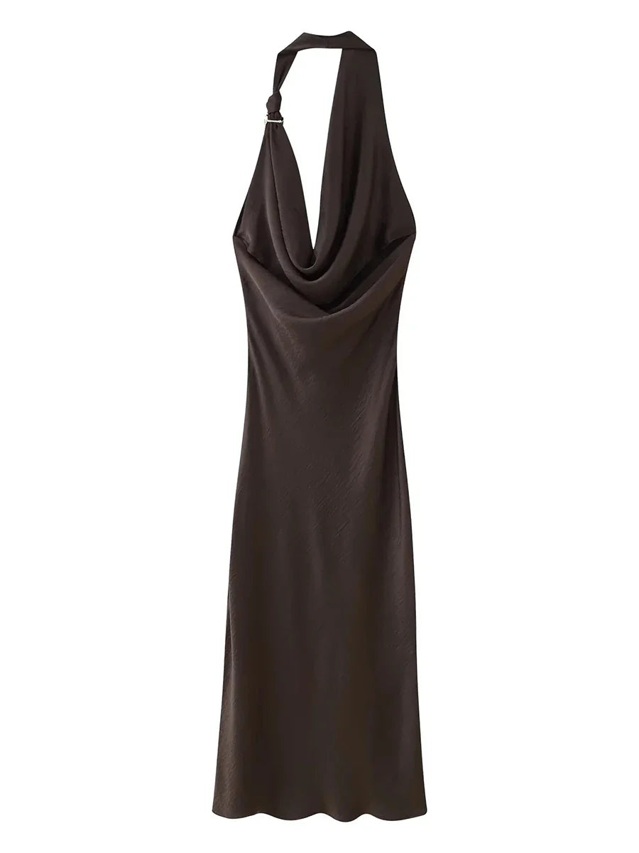 Brown Cowl Neck Satin Midi Dress