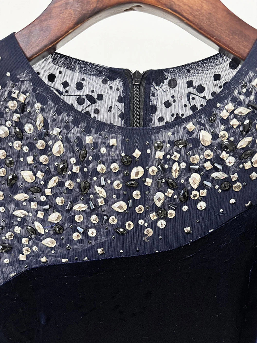 Blue Velvet Sheath Gown with Beaded Mesh Sleeves