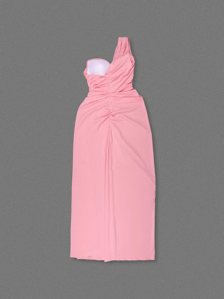 Pink One Shoulder Folds Split Long Dress