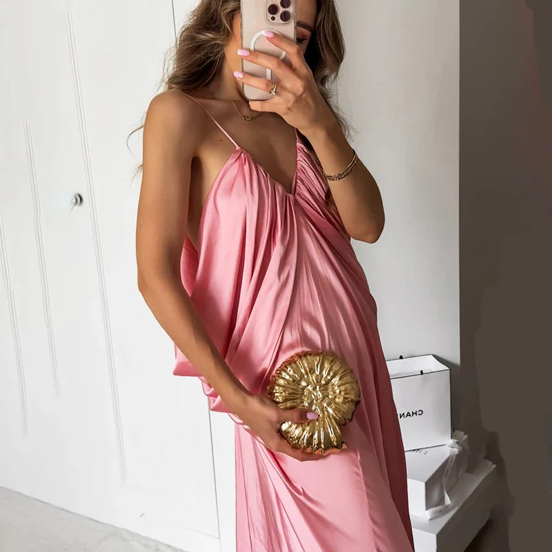Draped Pink Sling Maxi Dress | Resort Glamour Loose Fit