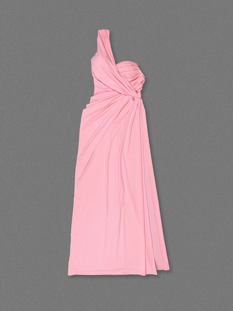 Pink One Shoulder Folds Split Long Dress