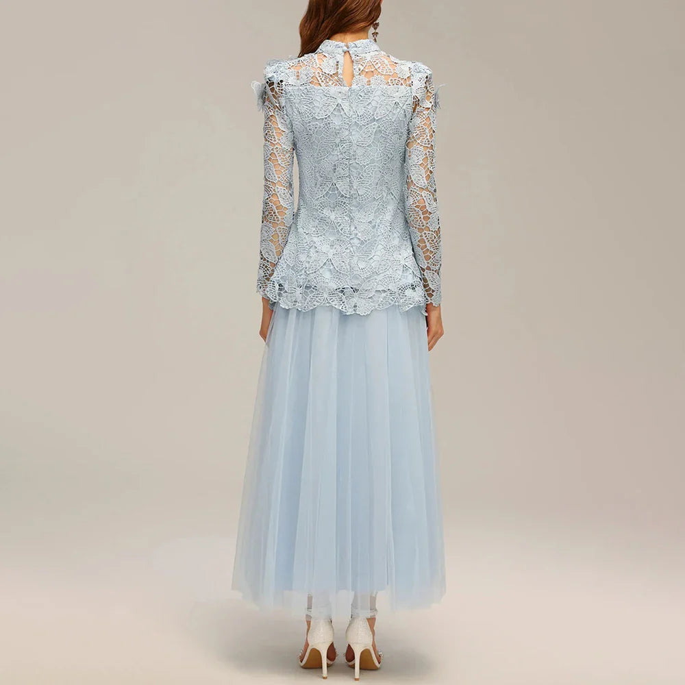 Office Lady A-Line Ankle-Length Dress | Black, White, Blue