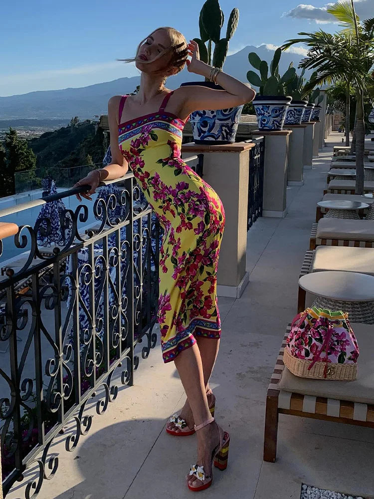 Chic Floral Print Square Collar Sheath Maxi Dress with Split Detail