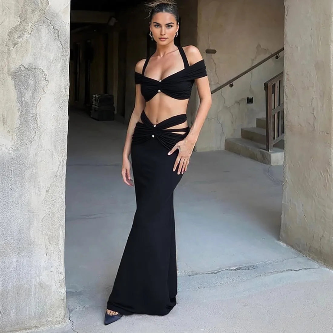 Burgundy Cutout Halter Two-Piece Set, Maxi Skirt