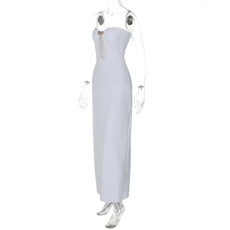 Metal Button Strapless Cut Out Long Dress