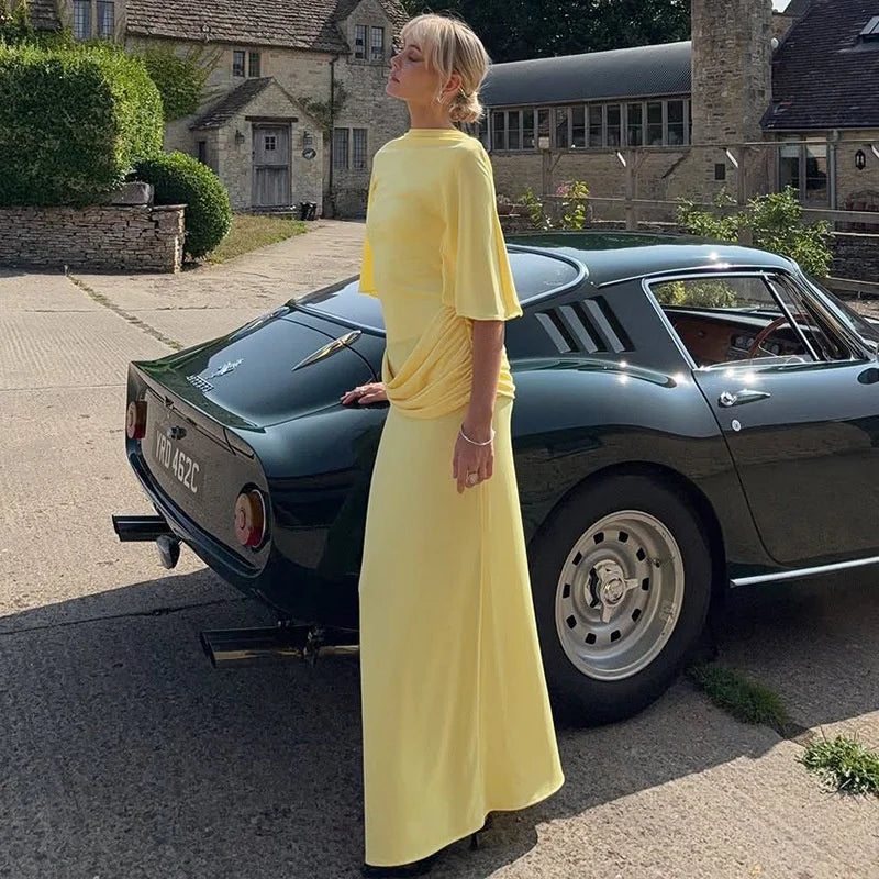 Ruched Yellow Maxi Dress | Draped Open Back Occasionwea