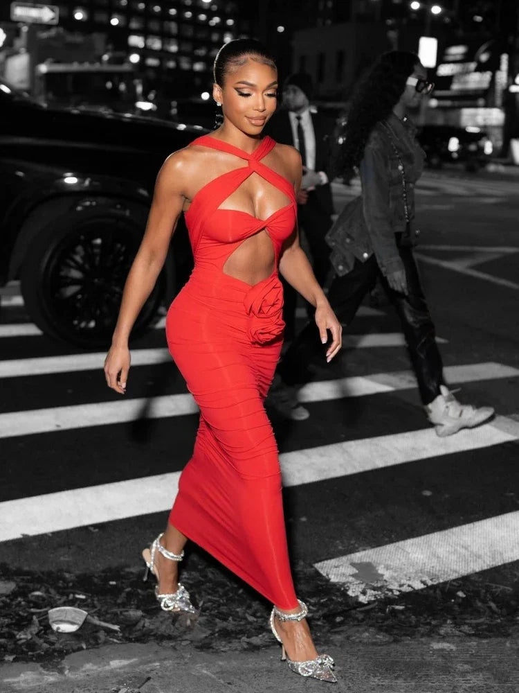 Red Cut-Out Bodycon Midi Dress with Ruched Flower Detail