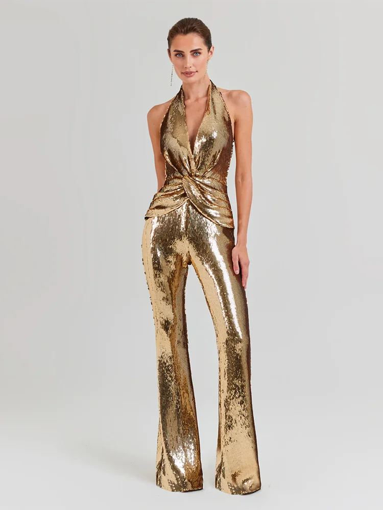 Gold Sequin Sleeveless V Neck Wide Leg Jumpsuit