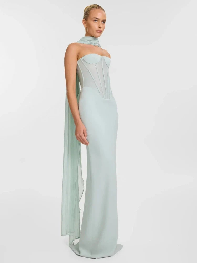 Mint Strapless Corset Mesh Patchwork Gown with Scarf | Elegant Sleeveless Evening Dress