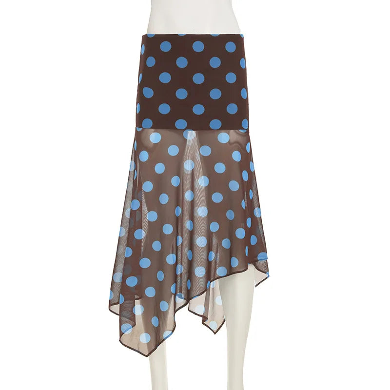 Skirt with blue polka dots on a white background
