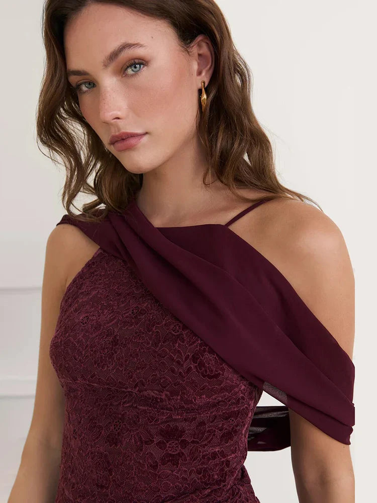 Burgundy  Off-shoulder Open Back Printed Maxi Dress