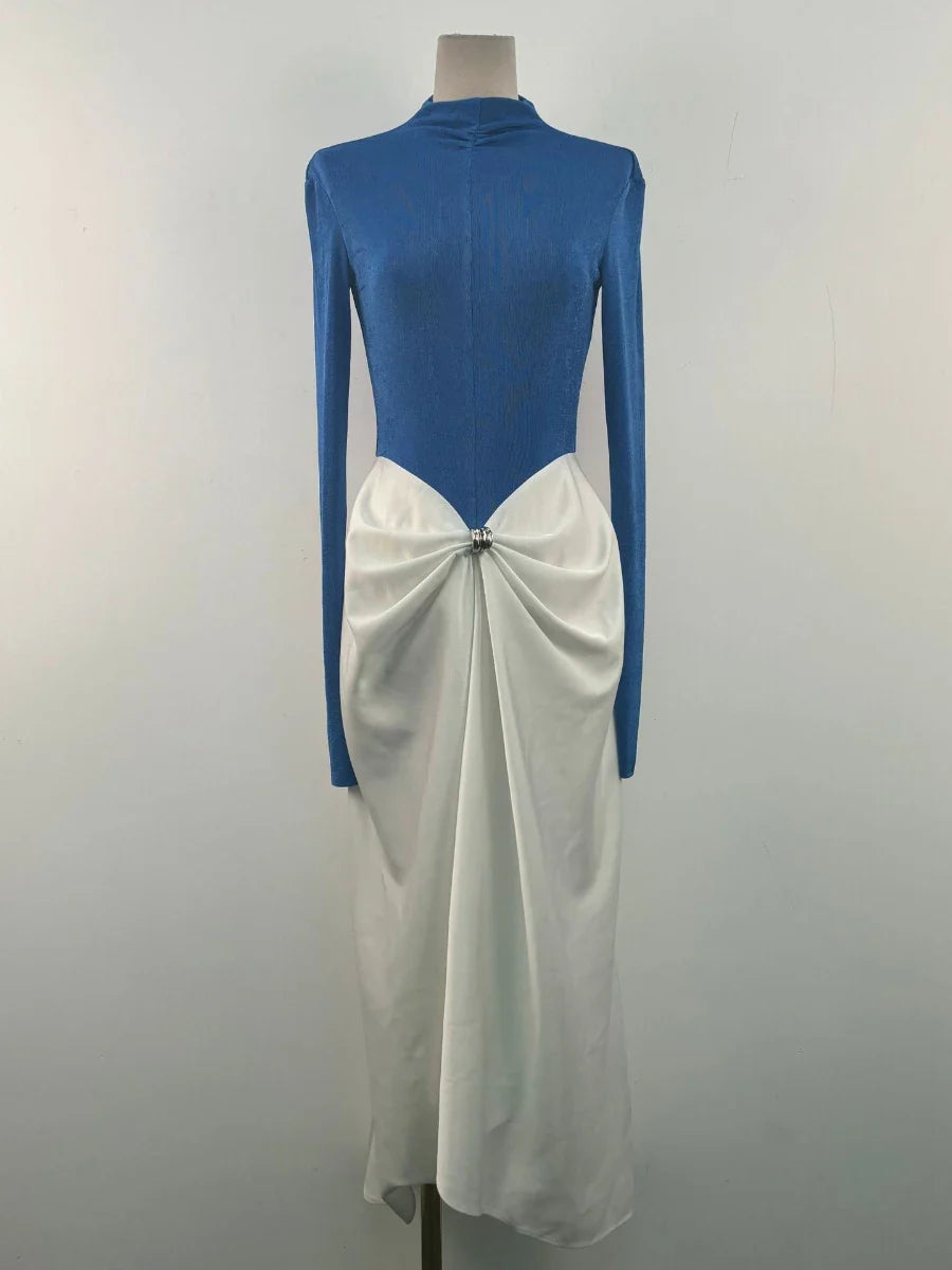 Long Sleeve Turtle Neck And Satin Hook Maxi Skirt Set