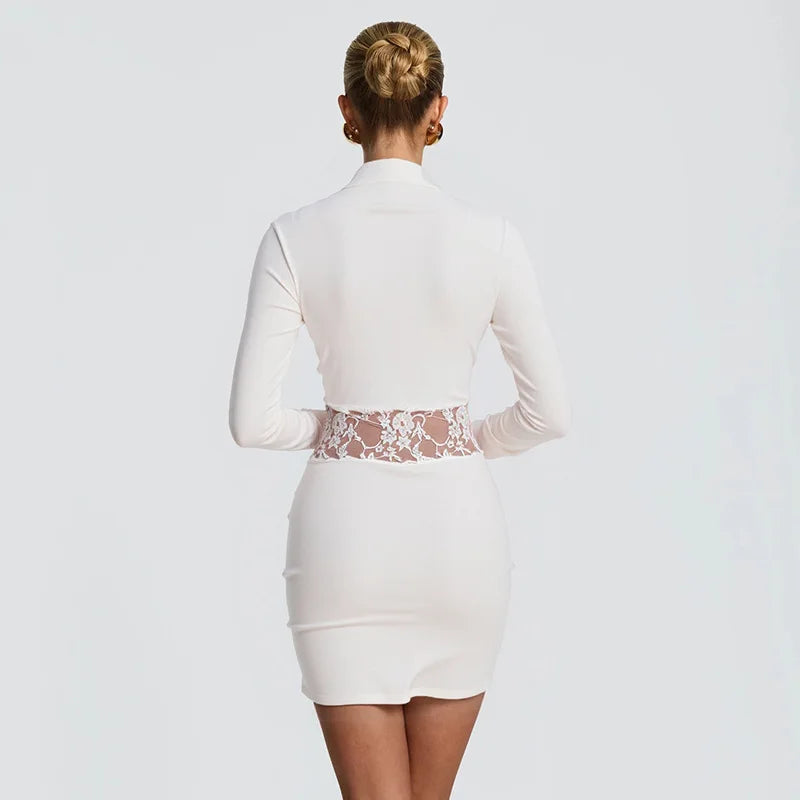 Lace Waist Bodycon Mini Dress with Sculpted Long Sleeves