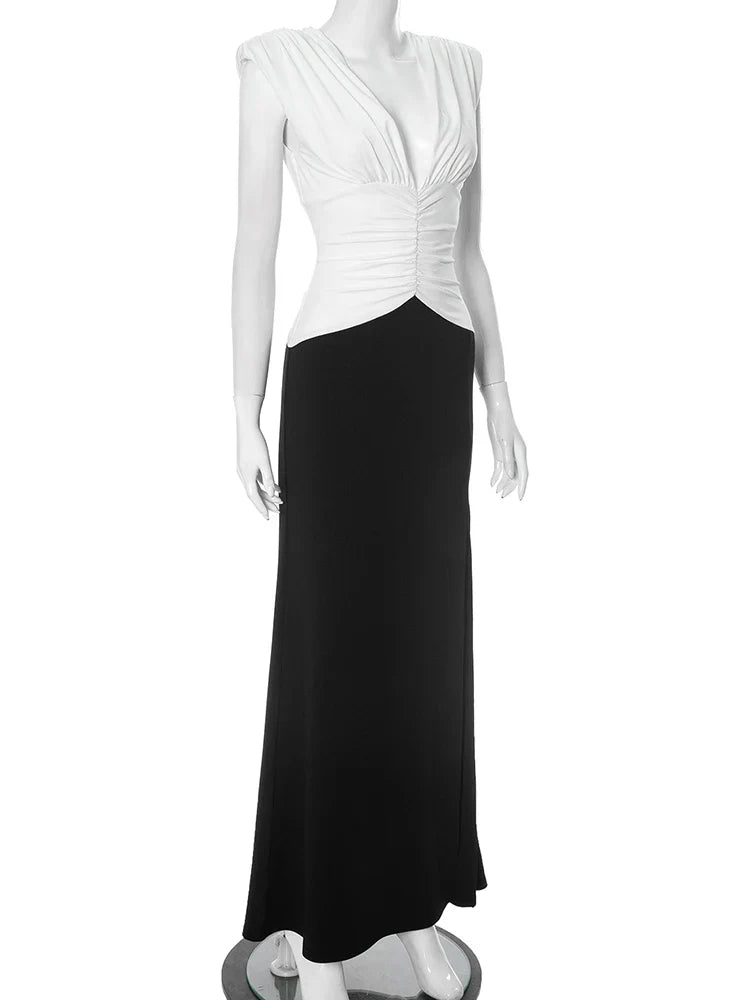 Two Tone V-Neck Maxi Dress | Sculpted Folded Evening Gown