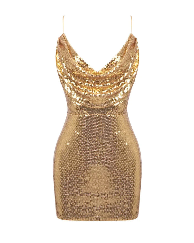Gold sequin dress on a white background