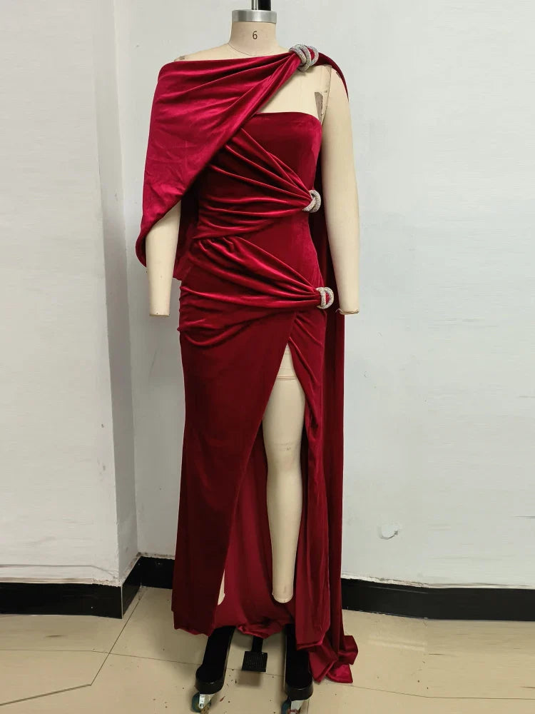 Red Velvet One-Shoulder Draped Gown with High Split