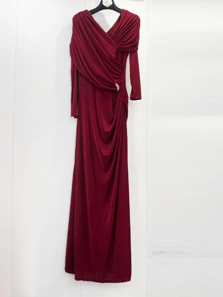 Maroon evening gown on a white background