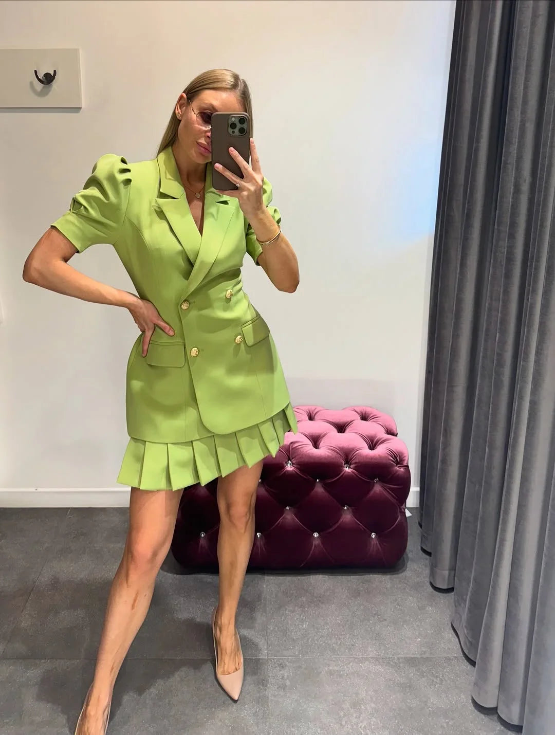 Green Blazer Skirt Set | Pleated Vintage Co-Ord for Smart Styling