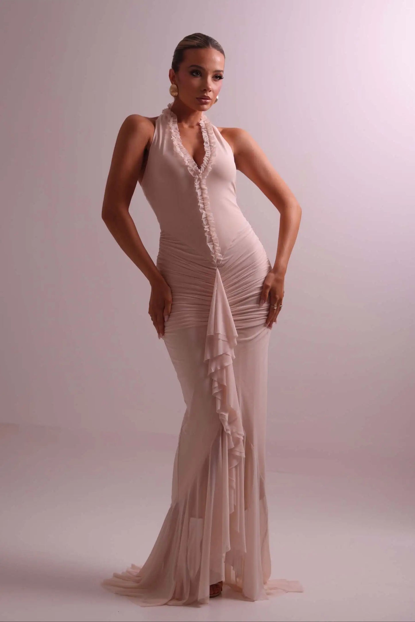 Frill Trim Ruffle Hem Halter Maxi Dress