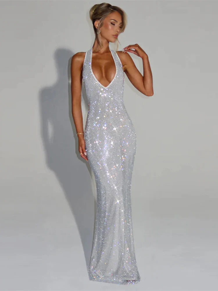 Deep V-Neck Sequin Fishtail Dress – Sleeveless Backless Beach Party Gown