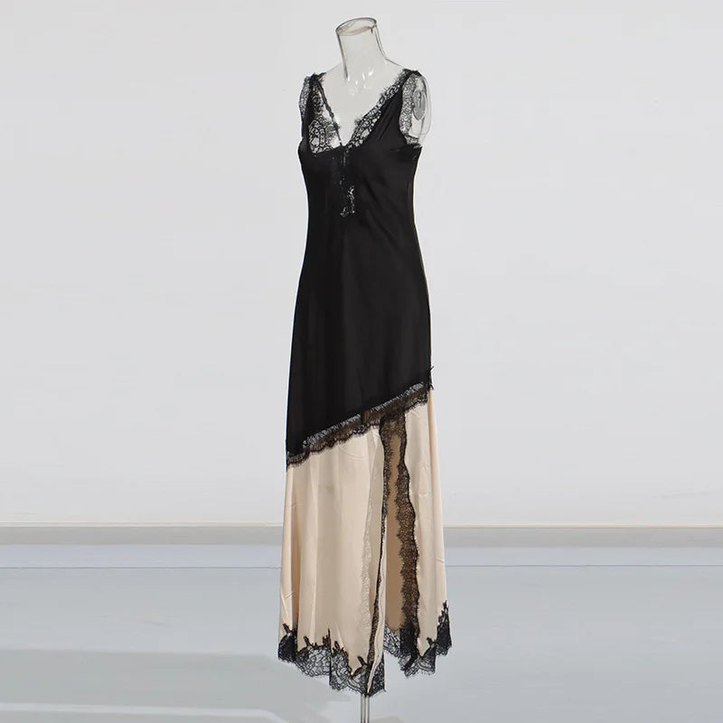 Lace Trim Satin Patchwork Slit Midi Dress