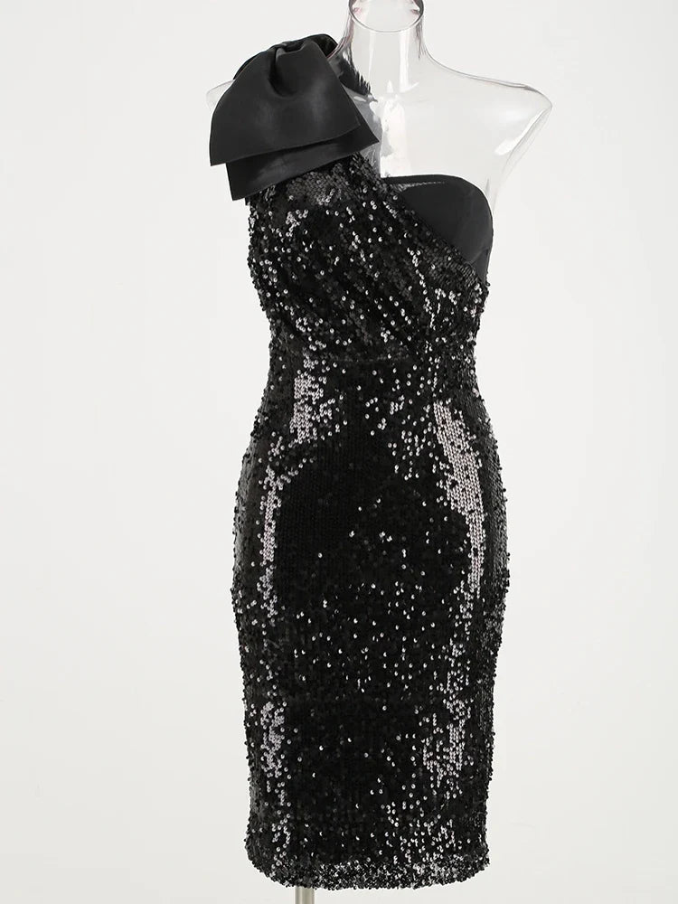 Black One-Shoulder Sequin Midi Dress with Bow Detail