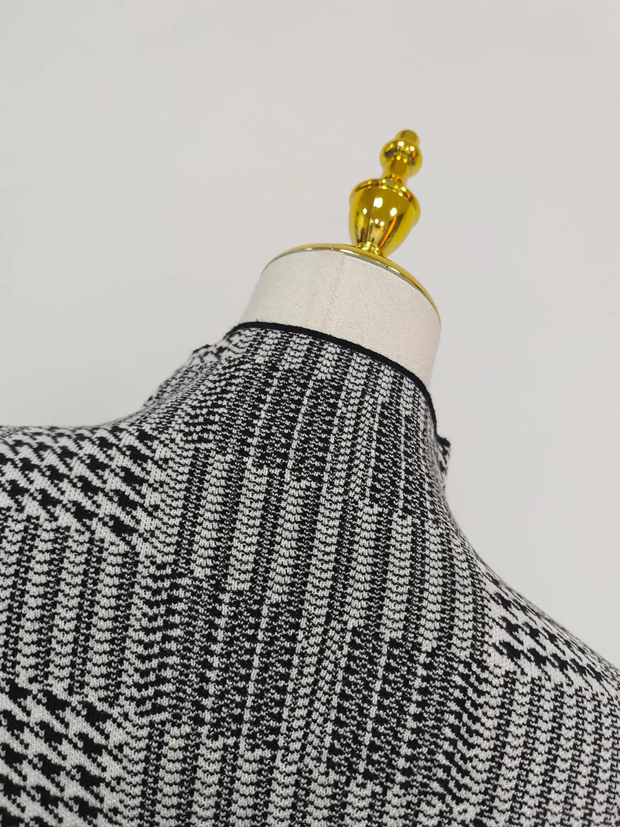 Plaid High-Neck Long Sleeve Sheath Maxi Dress