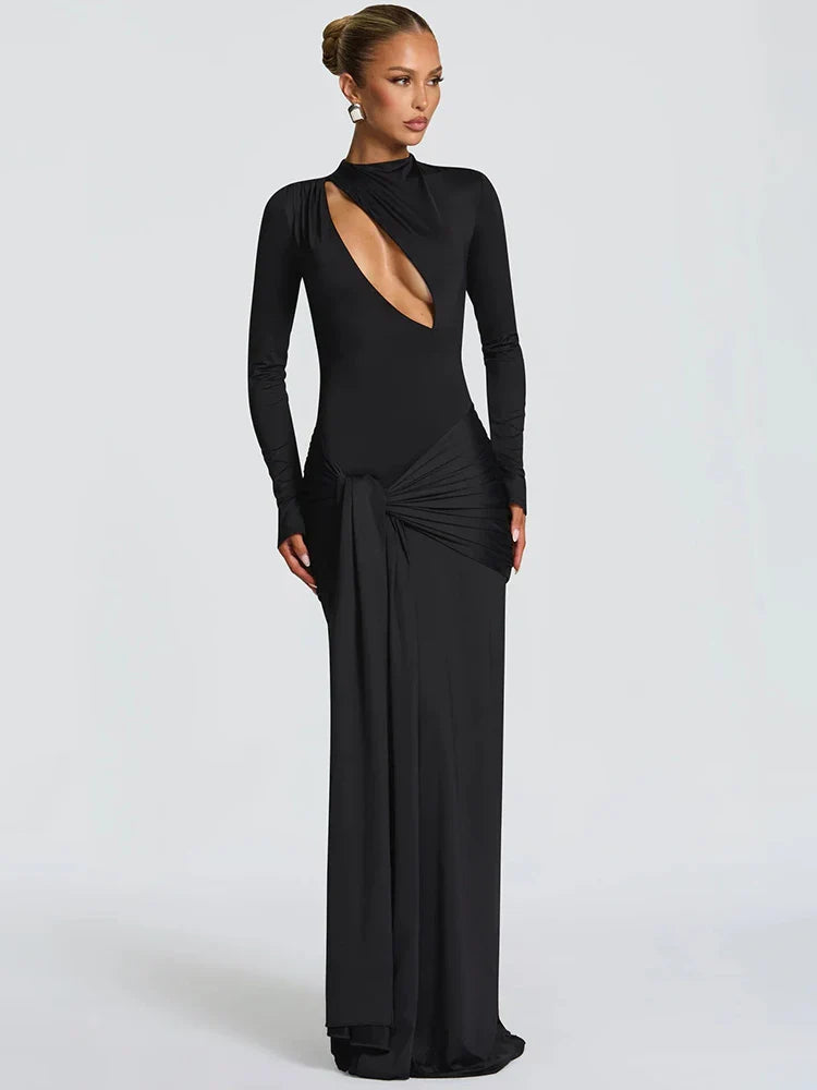 Black evening gown with long sleeves and a deep neckline