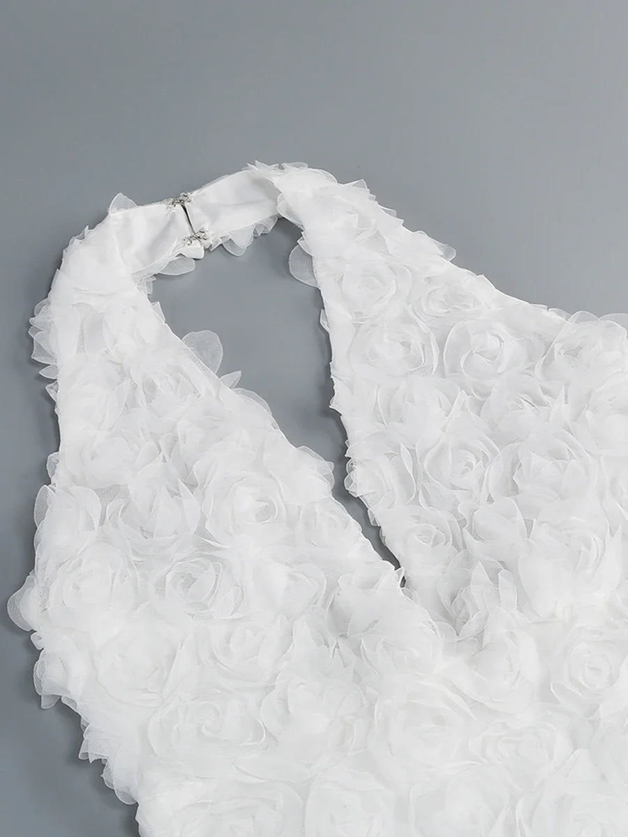 White Flower Applique Halter Dress with Sculpted V-Neck