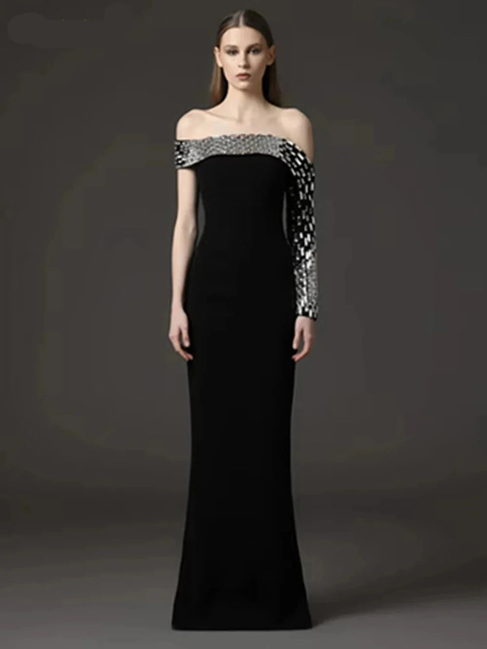 Elegant Crystal Embellished One-Shoulder Sheath Maxi Dress