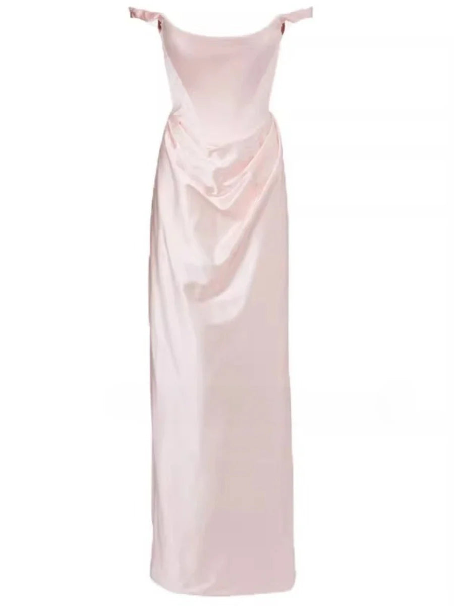 Pink satin evening gown on a white background