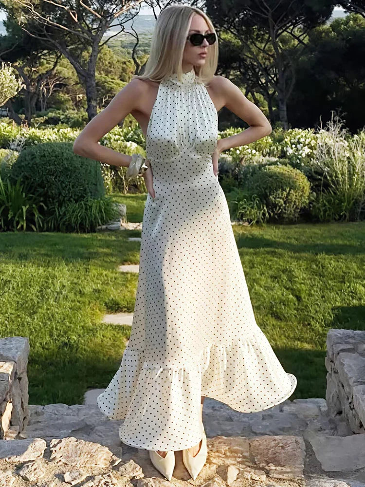 Women's Polka Dot Ruched Ruffle Halter Sleeveless Backless Midi Dress