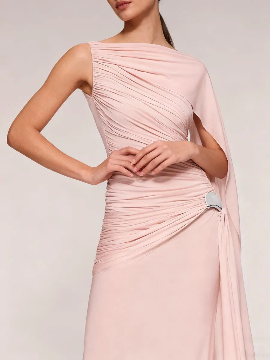 Pleated One-Shoulder Cape Maxi Dress with Round Neck