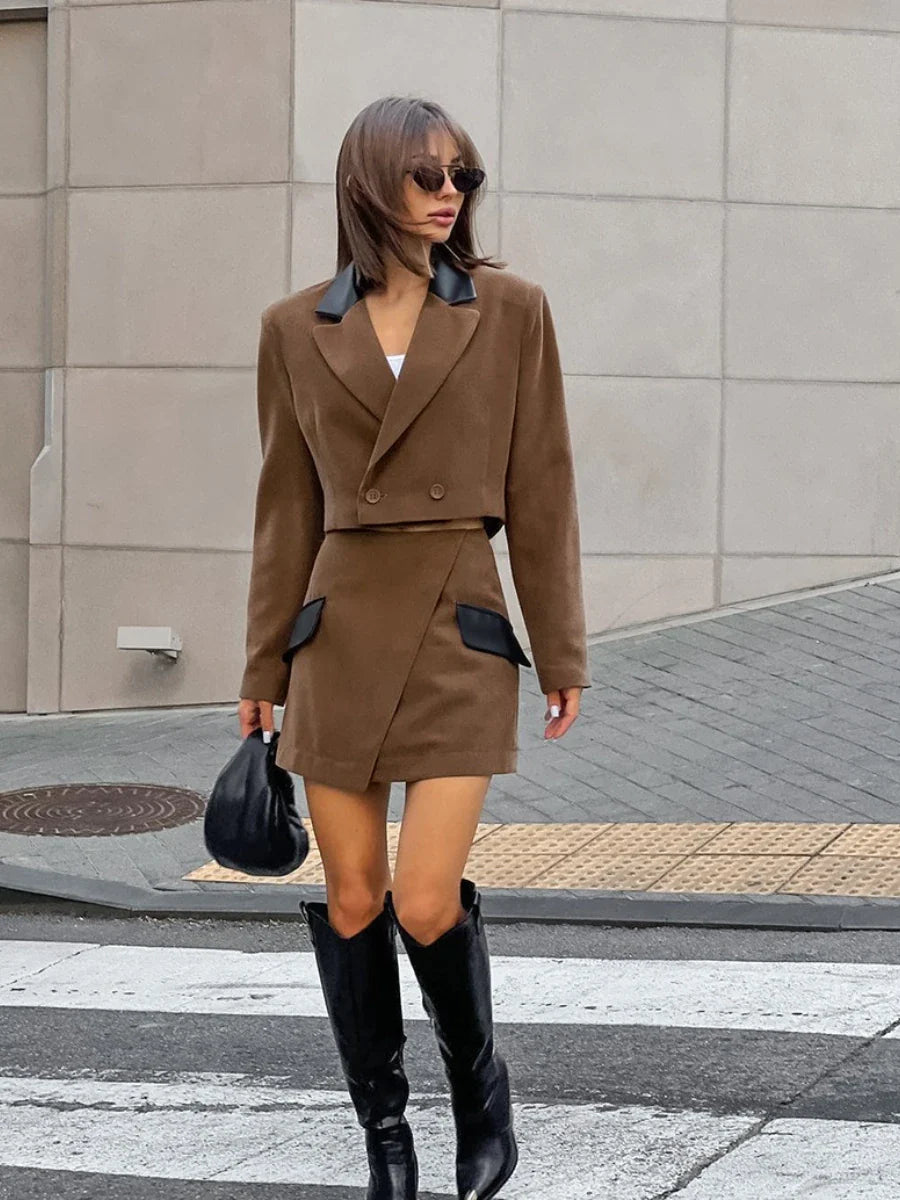Brown Asymmetrical Blazer Set | Black Accent Mini Edit