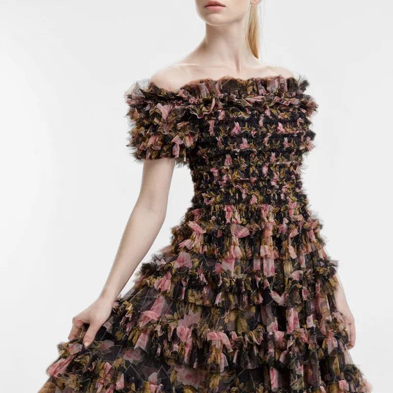 Print Ruffle Mesh Off-shoulder Maxi Dress