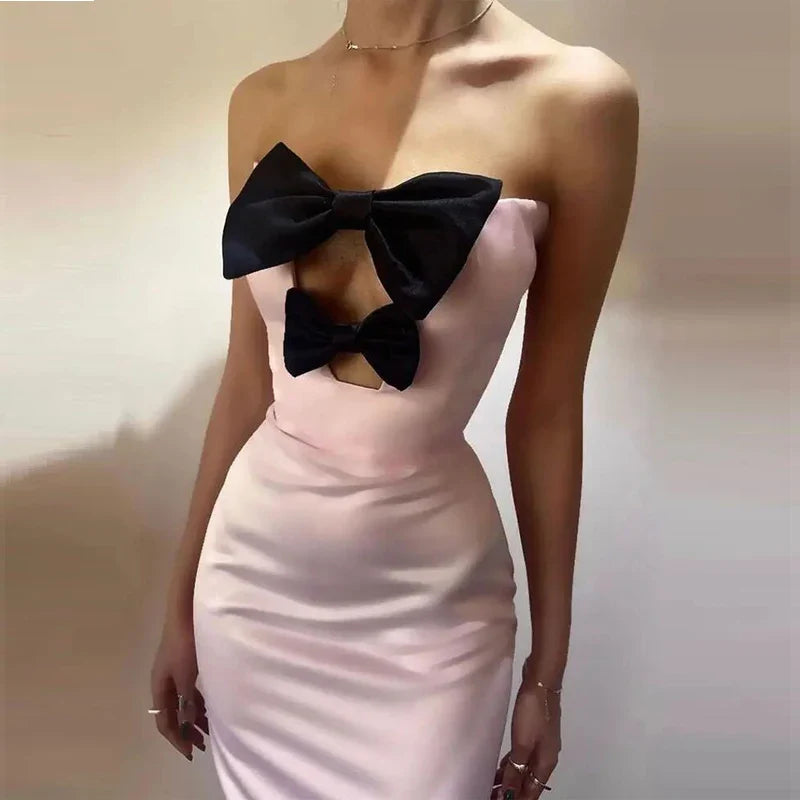 Pink Strapless Bandage Mid-Calf Dress