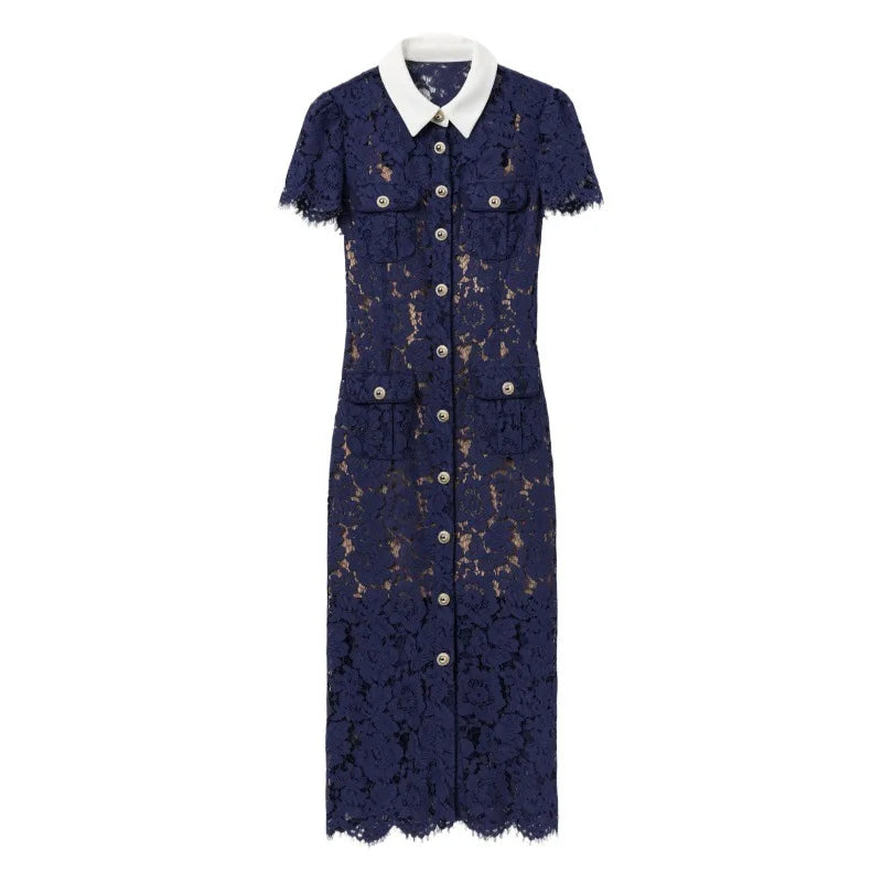 Navy lace dress with white collar on a white background