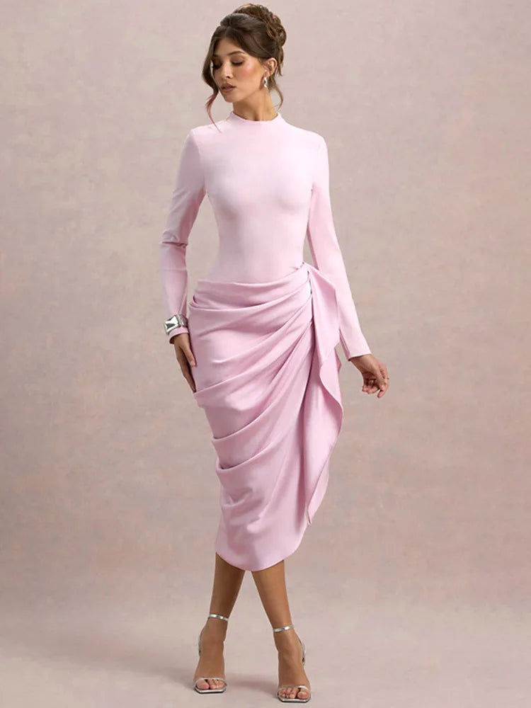 Long Sleeve Ruched Draped Midi Dress