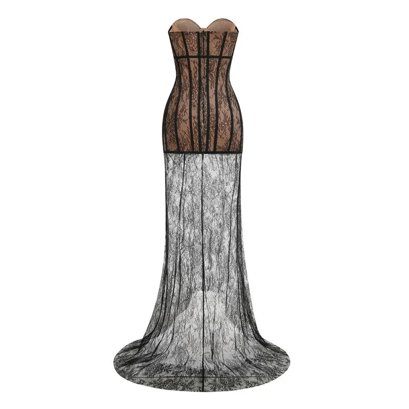 Lace Corset Mesh Maxi Dress with Detachable Hem