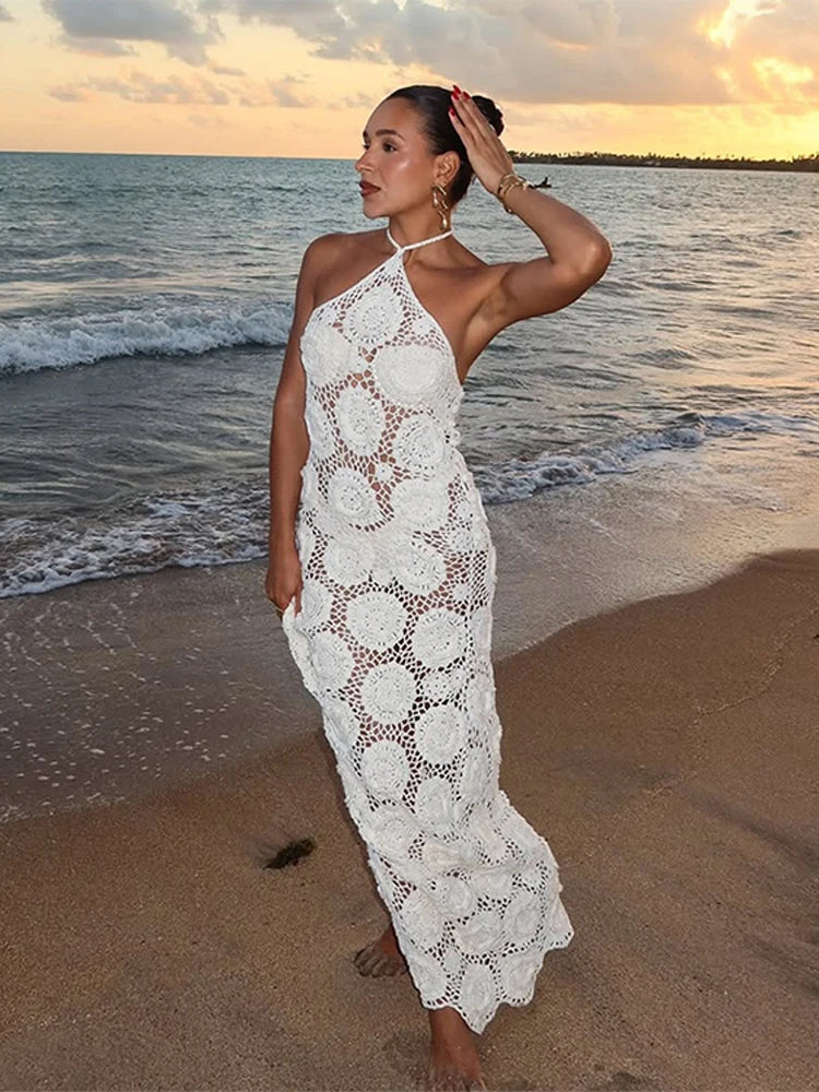 Chic Strapless Hollow Knit Maxi Dress for Summer Glam