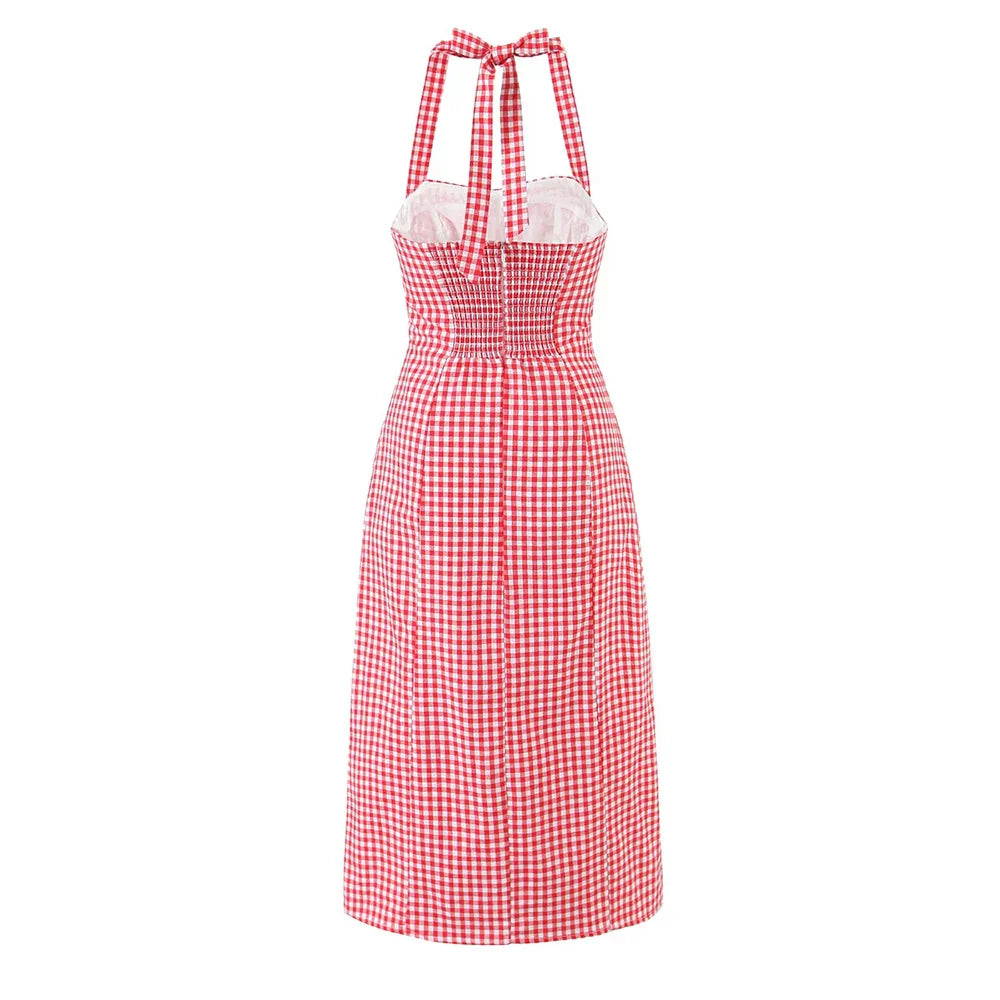 Red Checkered Halter Dress – Summer Picnic Slit Midi with Tie-Back