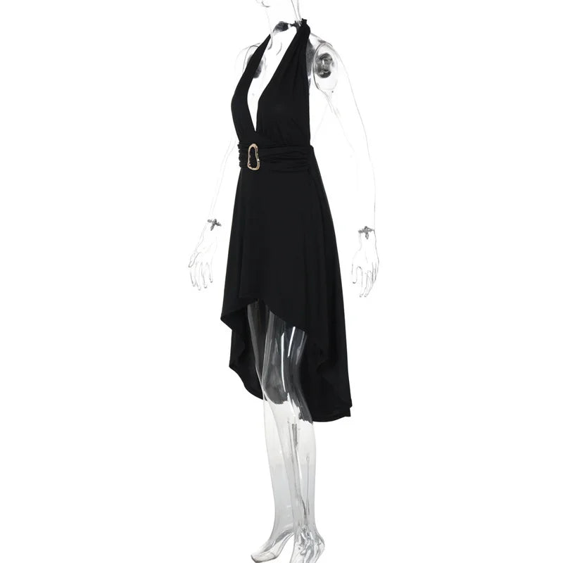 Deep V-neck Metal Buckle Open Back Midi Dress