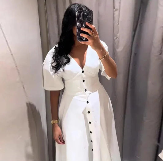 Vibe & Grace A-Line White Dress – V-Neck Empire Waist Midi with Button Front