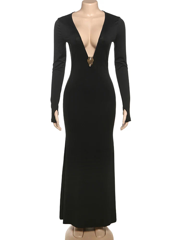 Deep V Backless Long Sleeve Maxi Dress