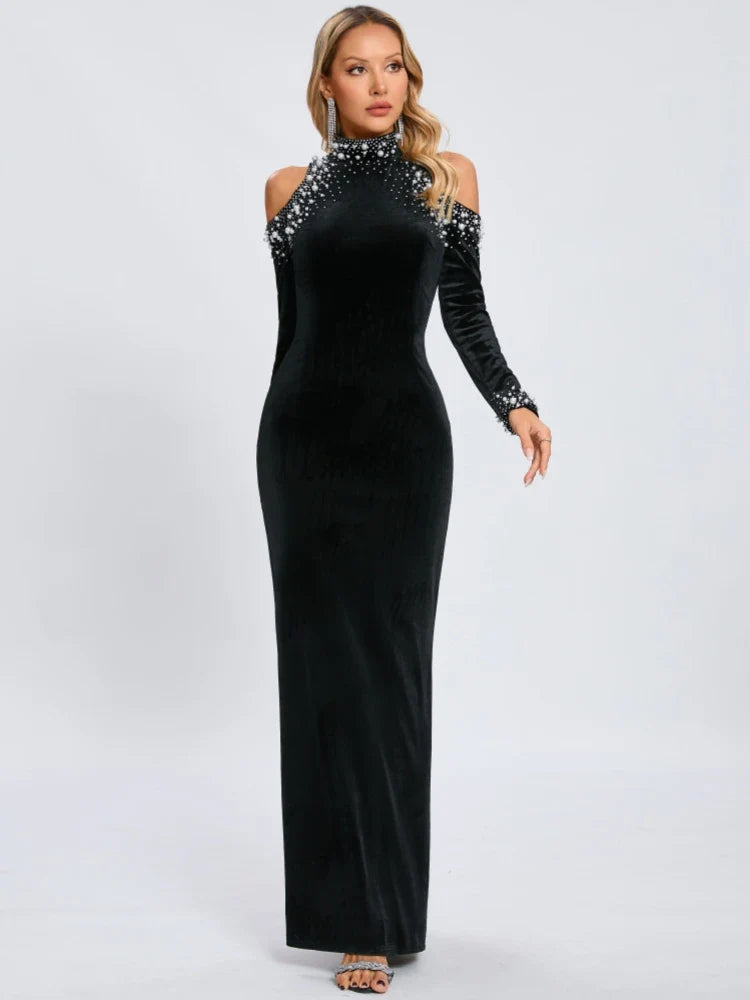 Black Velvet Beaded Pearl Dress | Off Shoulder Elegant Gown