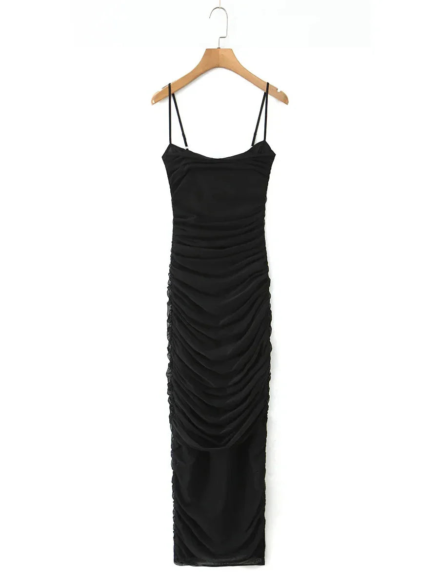 Ruched Mesh Strap Bodycon Midi Dress