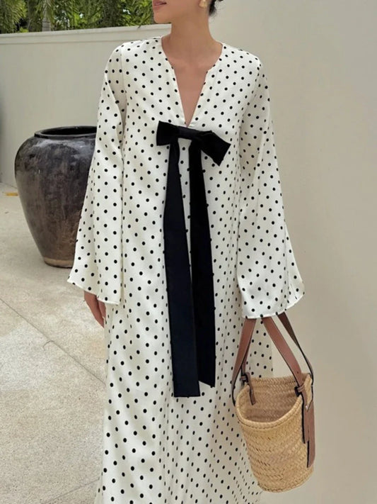 White Polka Dot Bow V-Neck Maxi Dress