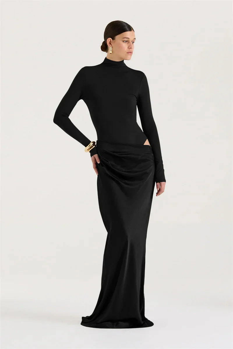 Turtleneck Ruched Maxi Dress | Sleek Fall Evening Look